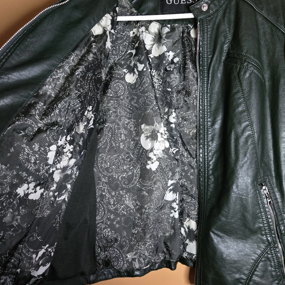 Guess Green Bomber Biker Vegan Leather Jacket, M (PTP=18") - Picture 6 of 15